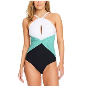 NWT Beyond Control Women's Colorblocked High-Neck Keyhole Twist Swimsuit